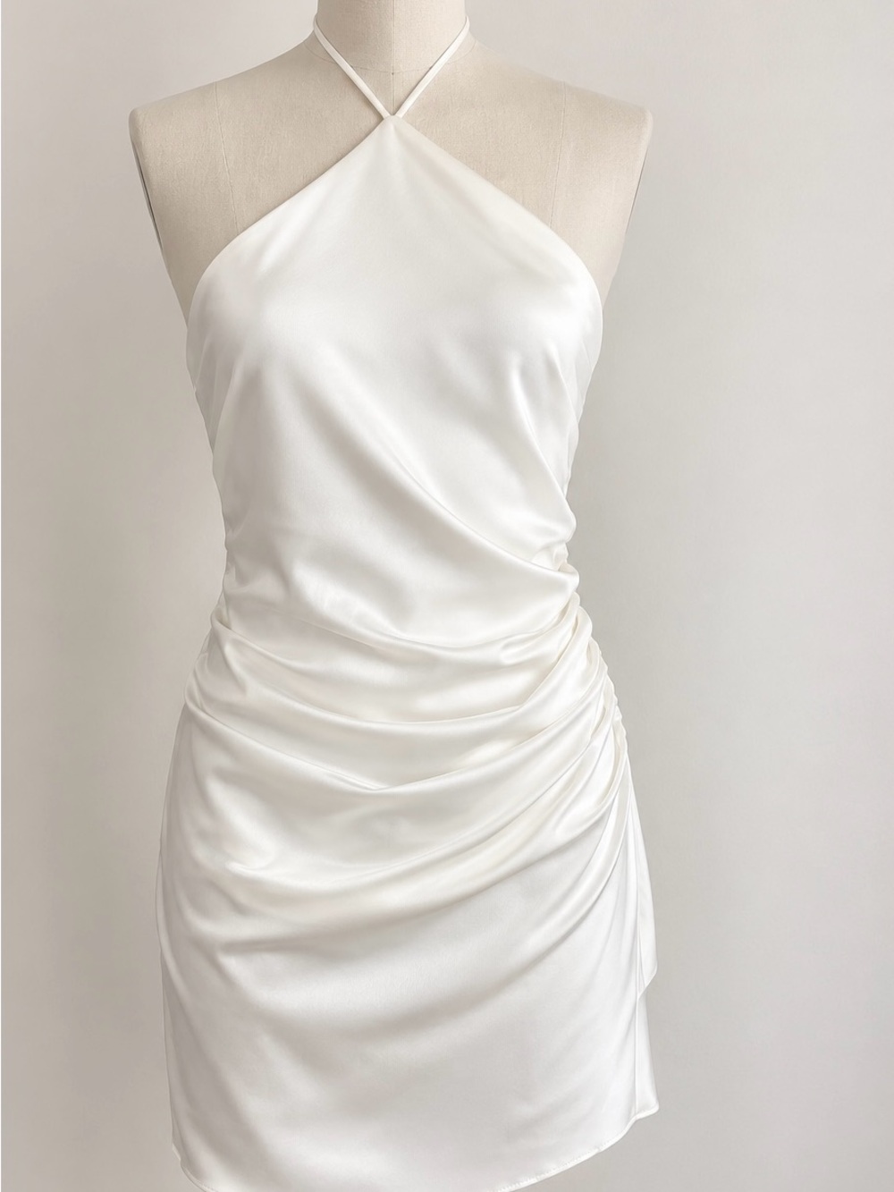 Jonathan Simkhai Size 12 Ivory Satin Halter Ruched Backless Mini Bridal Dress